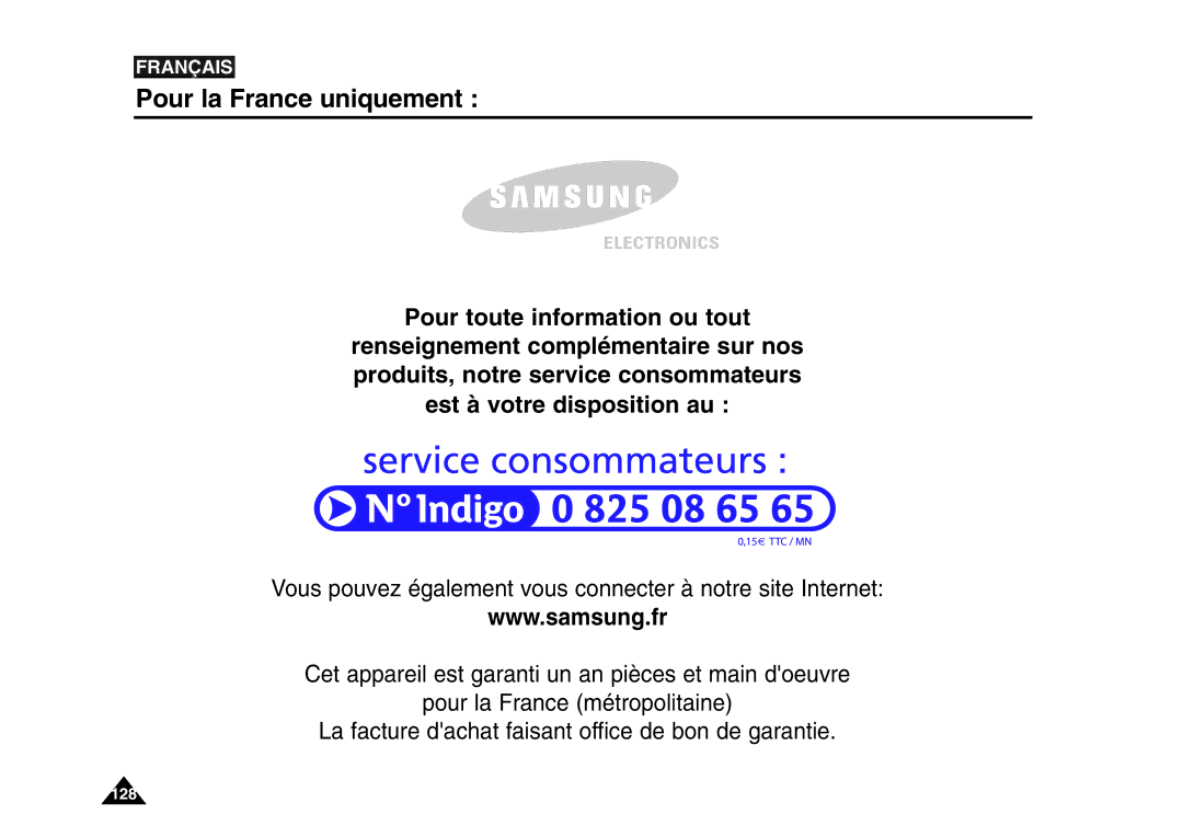 Samsung VP-M110R/XEF, VP-M110S/XET, VP-M110S/XEF, VP-M110B/XEF Pour la France uniquement, Pour toute information ou tout 