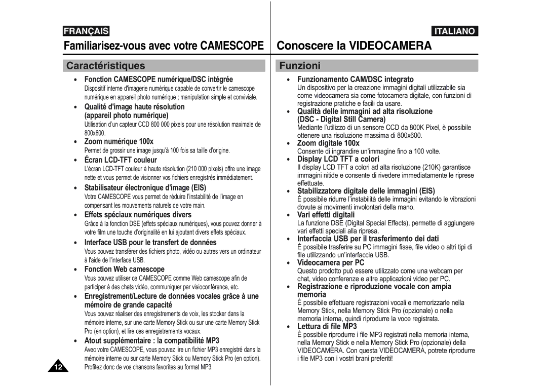 Samsung VP-X110L/XEF, VP-M110S/XET, VP-M110S/XEF, VP-M110B/XEF manual Conoscere la Videocamera, Caractéristiques Funzioni 