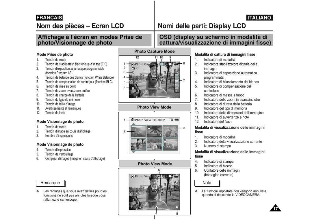 Samsung VP-X110L/XEF, VP-M110S/XET manual Photo Capture Mode, Photo View Mode, Mode Prise de photo, Mode Visionnage de photo 