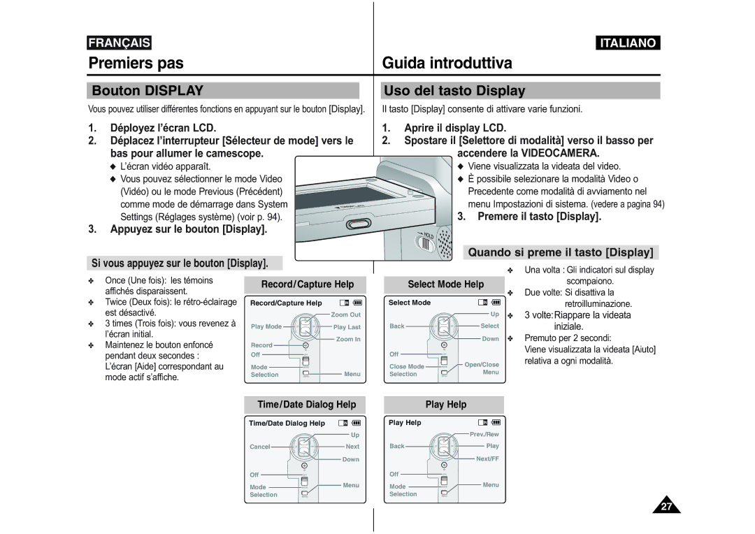 Samsung VP-X110L/XEF Bouton Display Uso del tasto Display, Quando si preme il tasto Display, Appuyez sur le bouton Display 