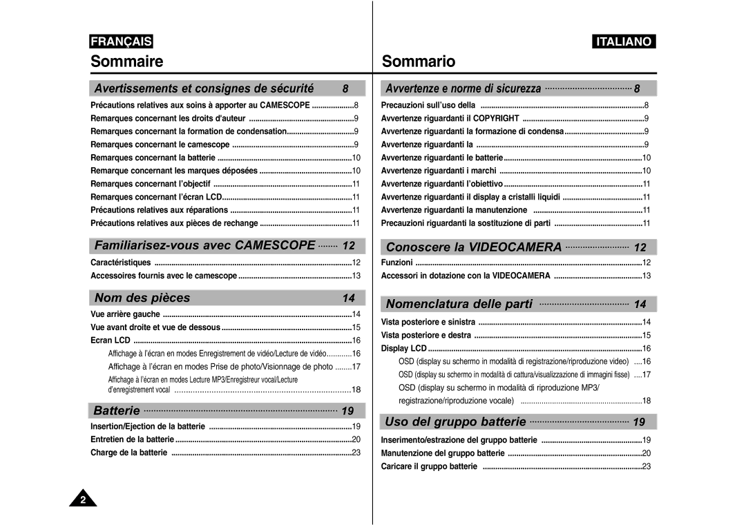 Samsung VP-X110L/XEF, VP-M110S/XET, VP-M110S/XEF, VP-M110B/XEF, VP-M110R/XEF manual Sommaire Sommario 