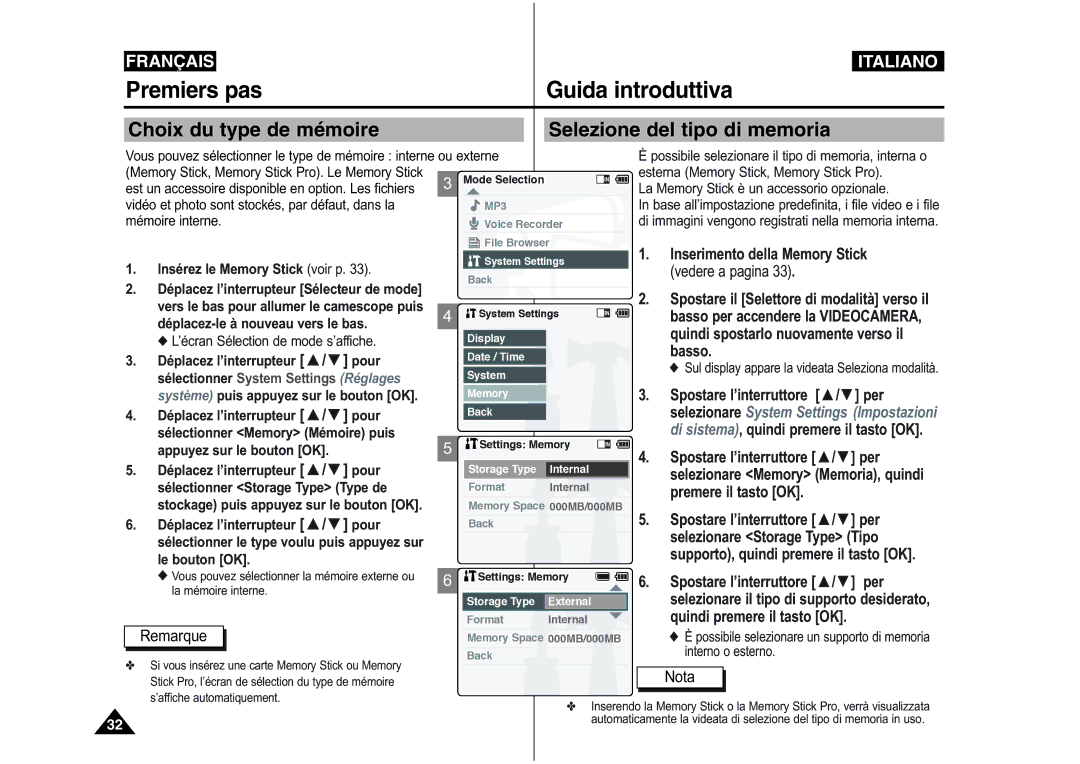 Samsung VP-X110L/XEF manual Choix du type de mémoire Selezione del tipo di memoria, Insérez le Memory Stick voir p, Basso 