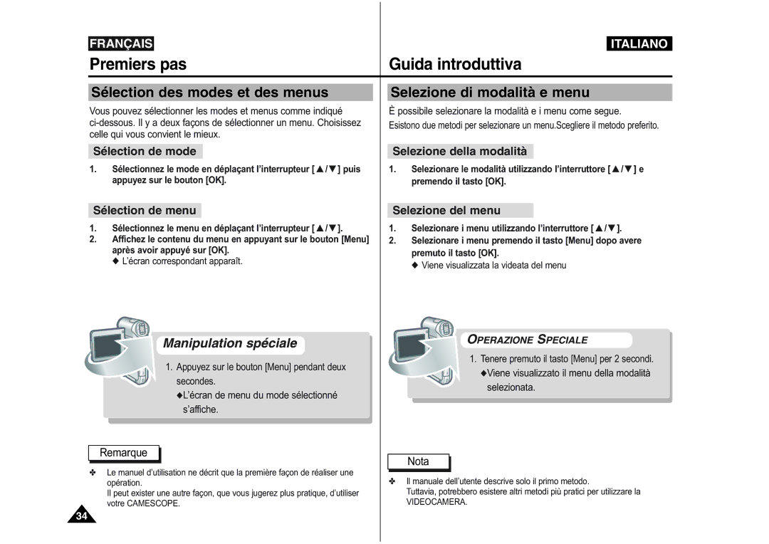 Samsung VP-M110S/XET, VP-M110S/XEF, VP-M110B/XEF manual Sélection des modes et des menus, Selezione di modalità e menu 