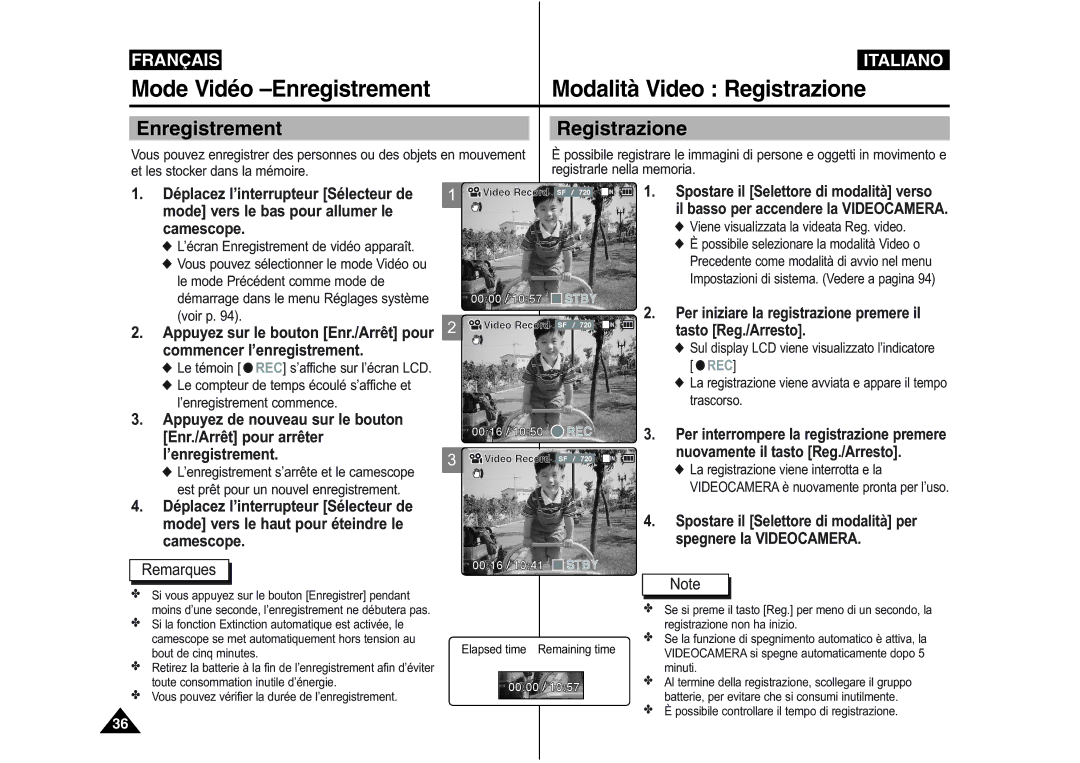 Samsung VP-M110B/XEF, VP-M110S/XET Mode Vidéo -Enregistrement Modalità Video Registrazione, EnregistrementRegistrazione 