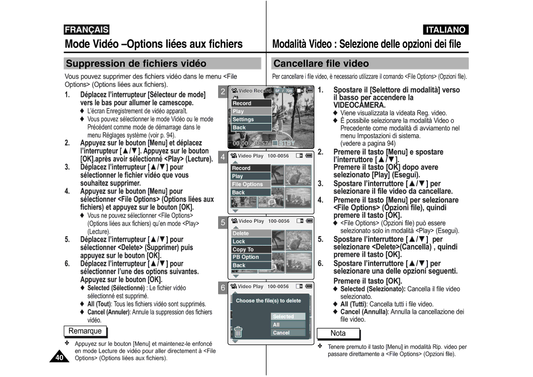 Samsung VP-M110S/XEF Mode Vidéo -Options liées aux fichiers, Suppression de fichiers vidéo Cancellare file video, Remarque 