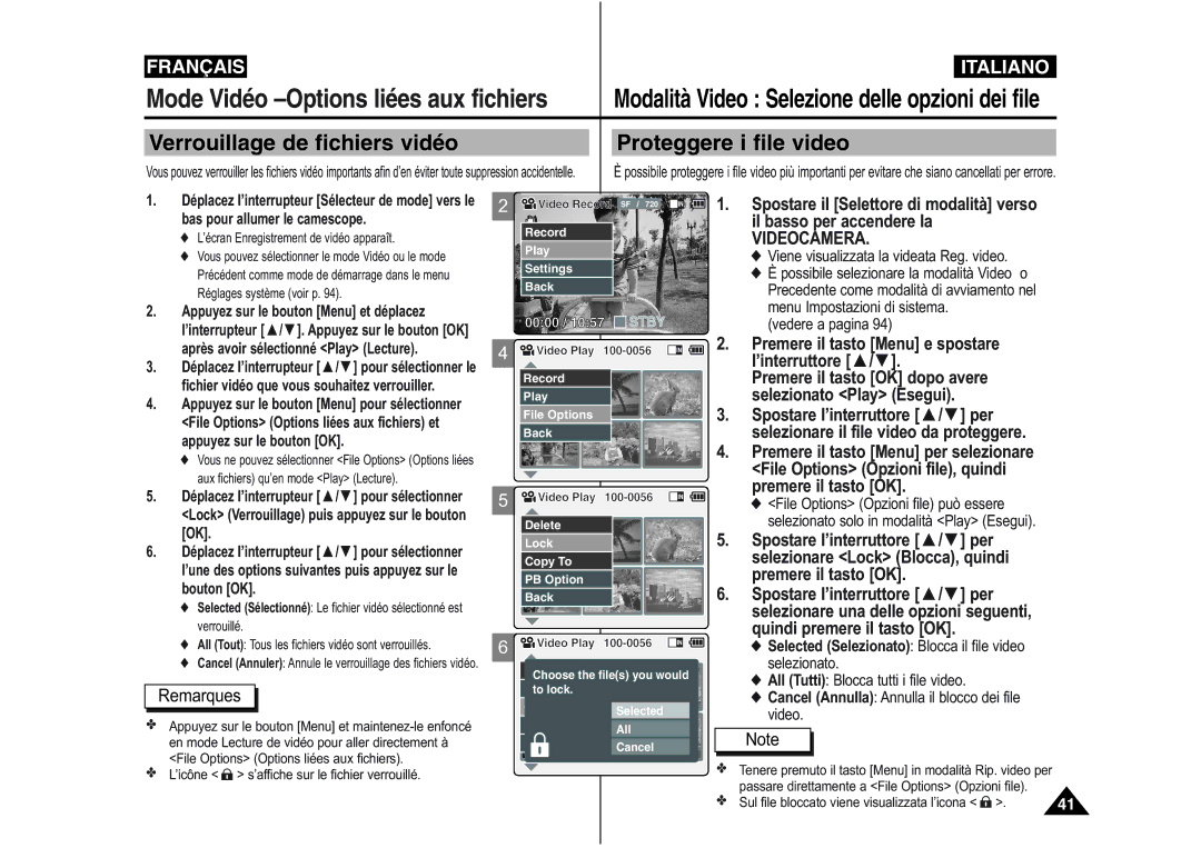 Samsung VP-M110B/XEF, VP-M110S/XET manual Verrouillage de fichiers vidéo Proteggere i file video, Quindi premere il tasto OK 