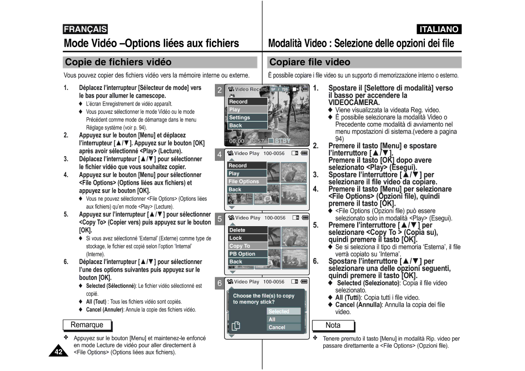 Samsung VP-X110L/XEF, VP-M110S/XET manual Copie de fichiers vidéo Copiare file video, Selezionare il file video da copiare 