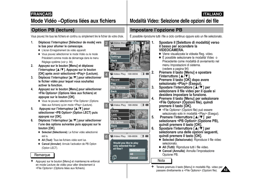 Samsung VP-M110R/XEF manual Option PB lecture Impostare l’opzione PB, Premere il tasto Menu e spostare l’interruttore 