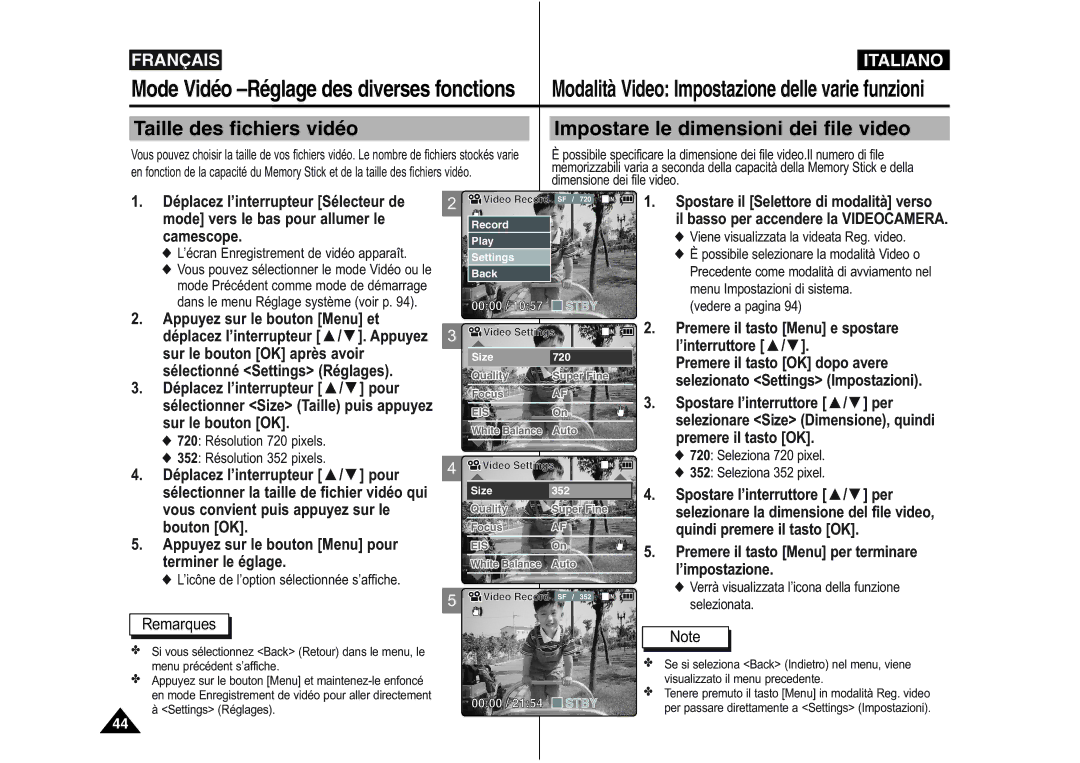 Samsung VP-M110S/XET, VP-M110S/XEF, VP-M110B/XEF, VP-X110L/XEF, VP-M110R/XEF Modalità Video Impostazione delle varie funzioni 