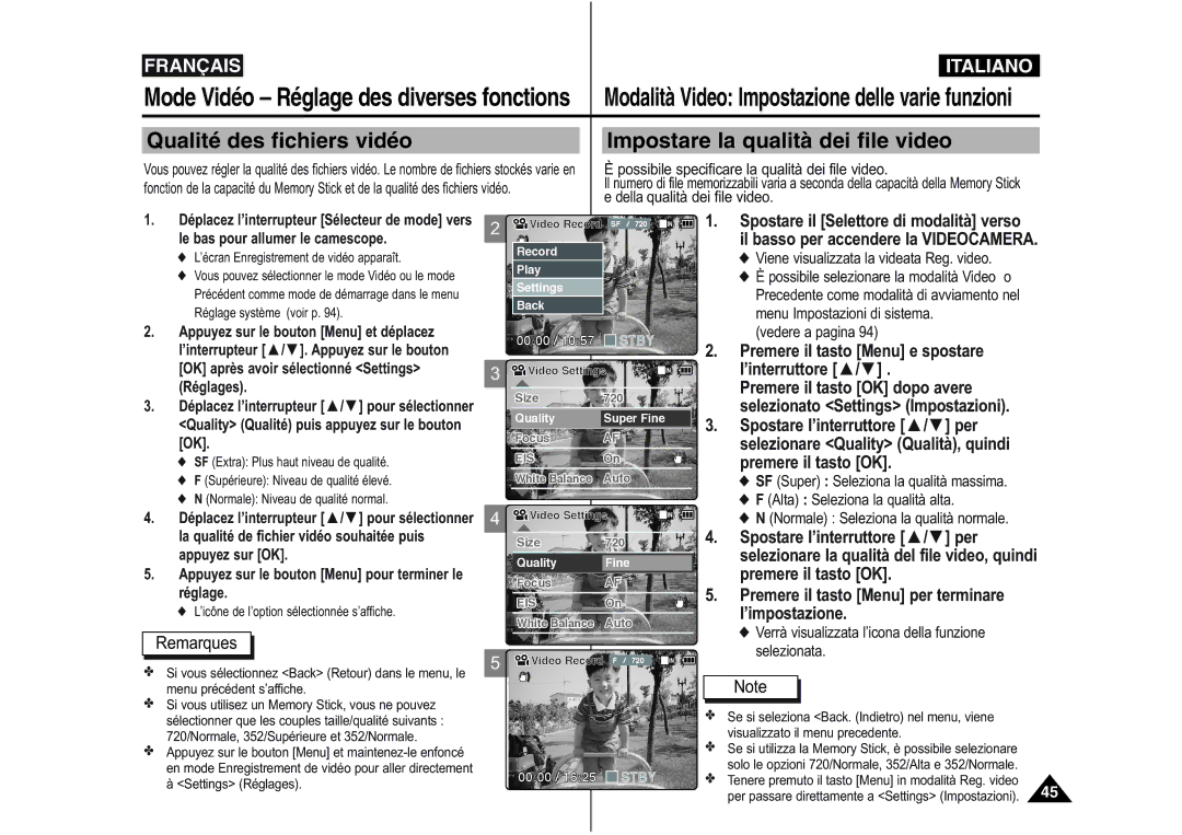 Samsung VP-M110S/XEF Qualité des fichiers vidéo, Impostare la qualità dei file video, Selezionato Settings Impostazioni 