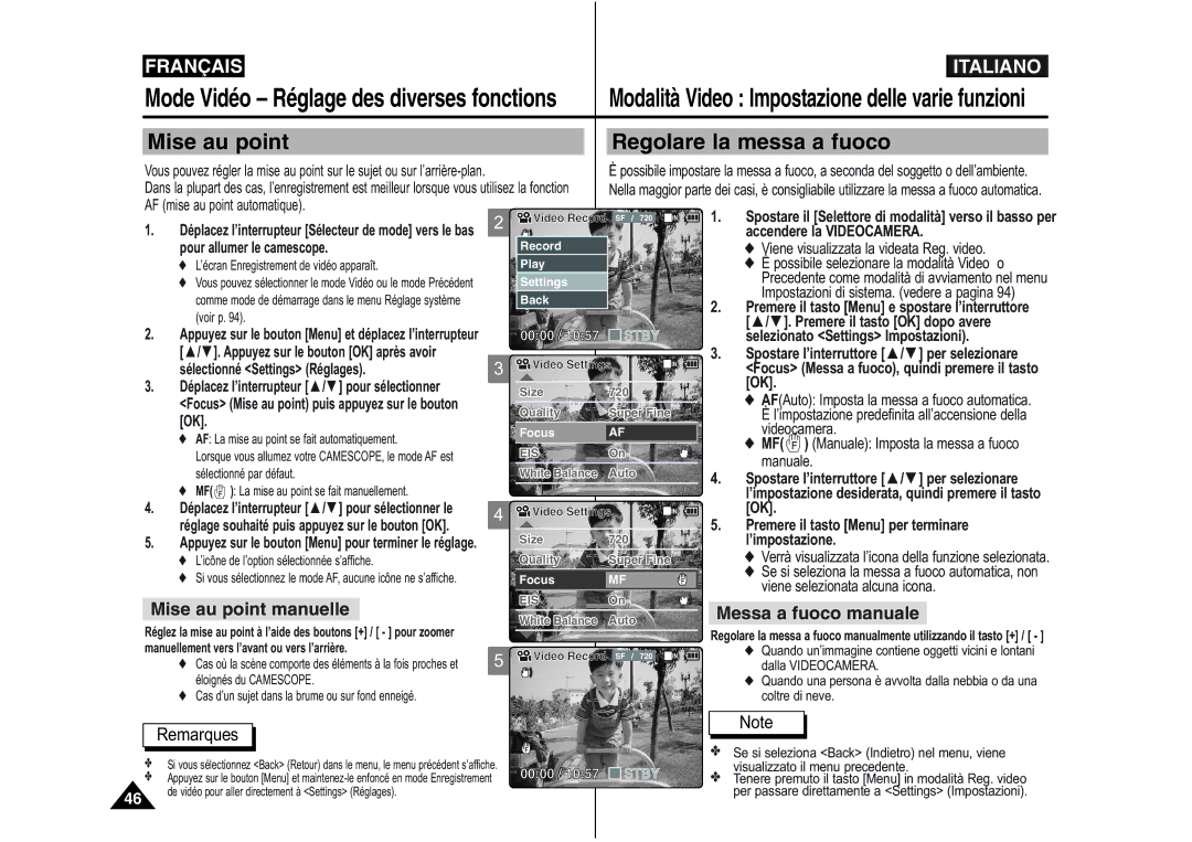 Samsung VP-M110B/XEF, VP-M110S/XET Mise au point Regolare la messa a fuoco, Mise au point manuelle, Messa a fuoco manuale 