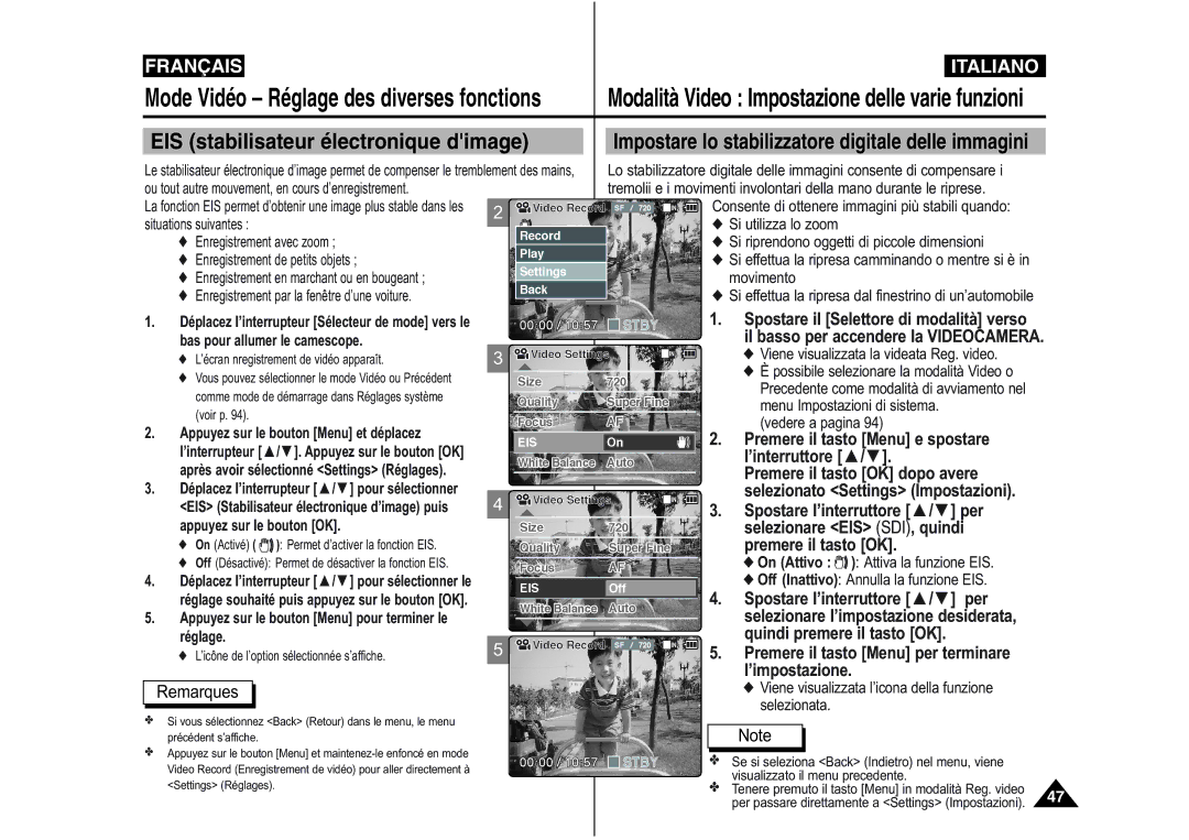 Samsung VP-X110L/XEF manual EIS stabilisateur électronique dimage, Impostare lo stabilizzatore digitale delle immagini 