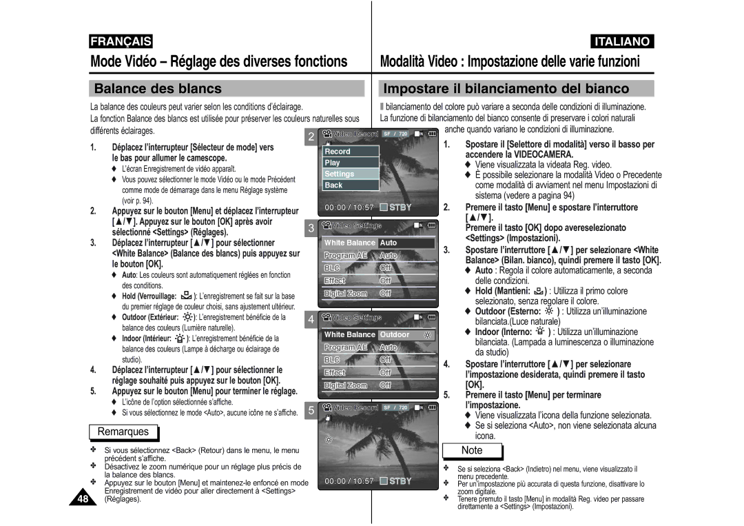 Samsung VP-M110R/XEF, VP-M110S/XET, VP-M110S/XEF, VP-M110B/XEF manual Balance des blancs Impostare il bilanciamento del bianco 