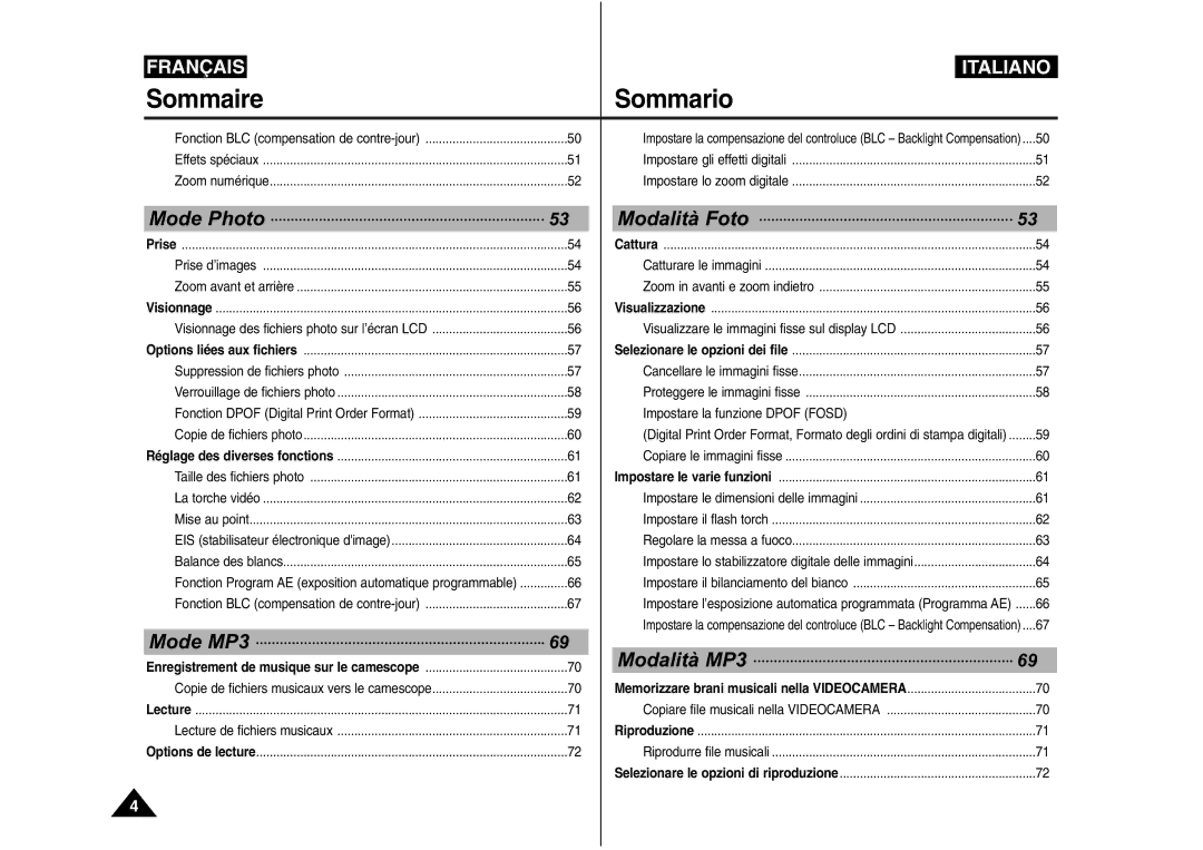 Samsung VP-M110S/XET, VP-M110S/XEF, VP-M110B/XEF, VP-X110L/XEF manual Sommaire Sommario, Mode Photo ModalitàPhoto ModeFoto 