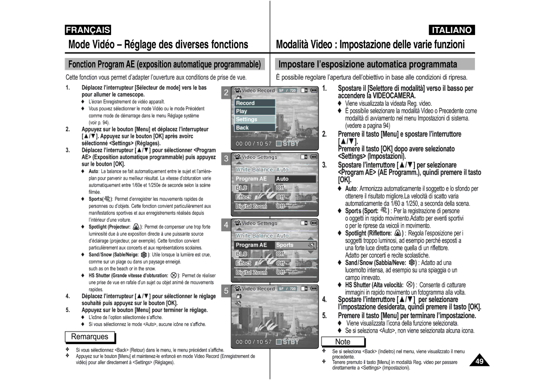 Samsung VP-M110S/XET Impostare l’esposizione automatica programmata, Premere il tasto Menu per terminare l’impostazione 