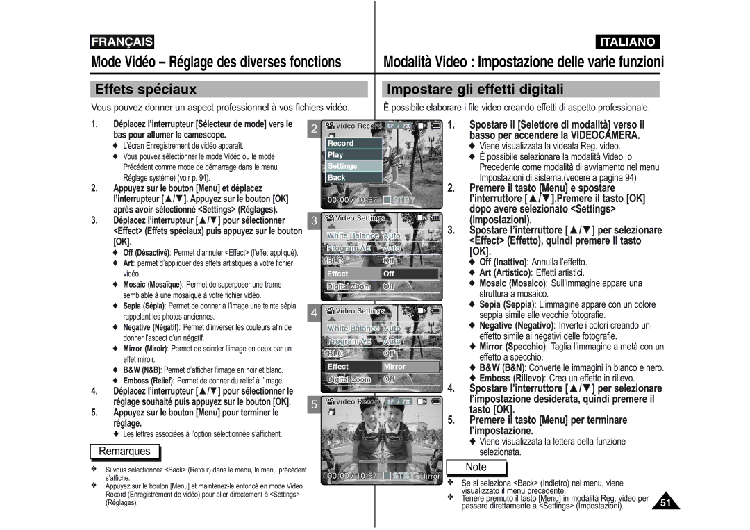 Samsung VP-M110B/XEF Effets spéciaux Impostare gli effetti digitali, Premere il tasto Menu per terminare ’impostazione 