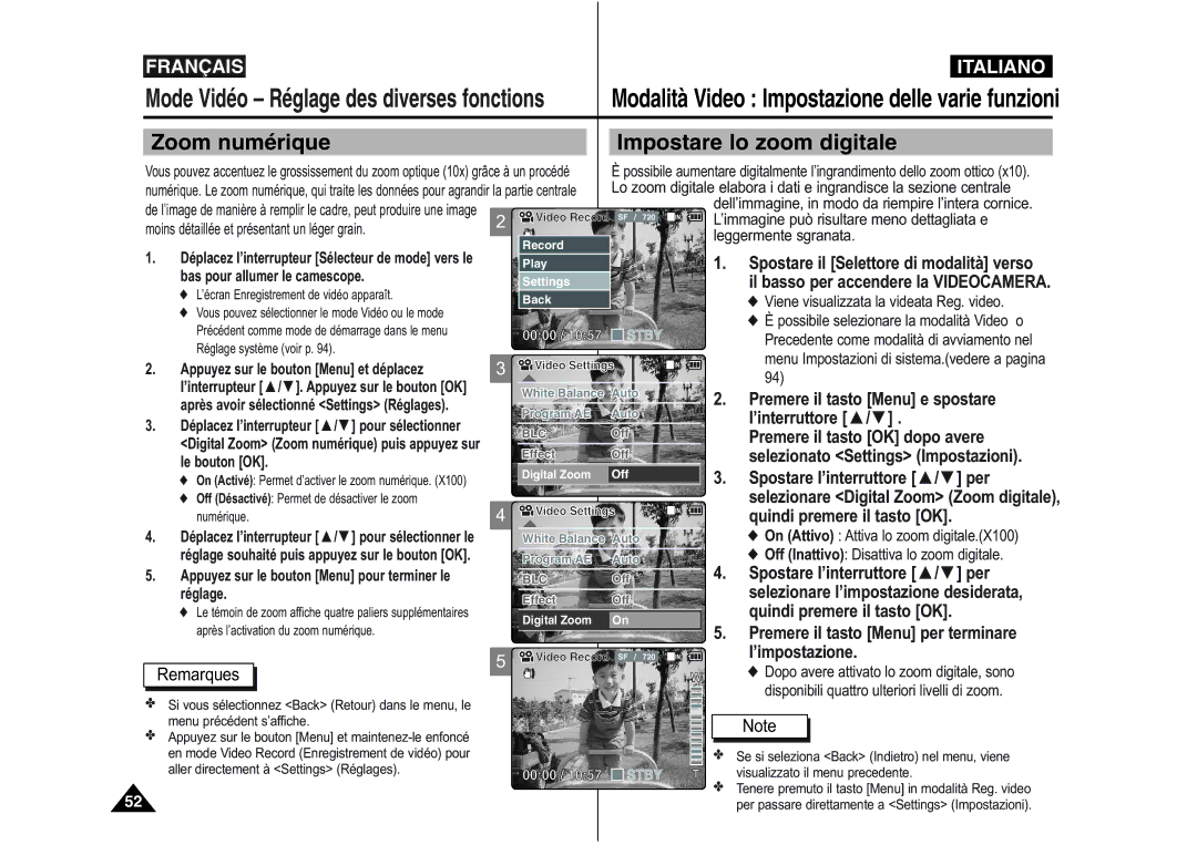 Samsung VP-X110L/XEF manual Zoom numérique Impostare lo zoom digitale, Dell’immagine, in modo da riempire l’intera cornice 