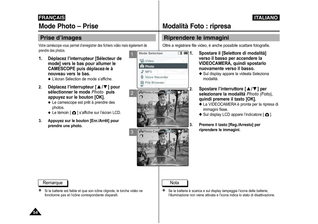 Samsung VP-M110S/XET, VP-M110S/XEF manual Mode Photo Prise Modalità Foto ripresa, Prise d’images Riprendere le immagini 