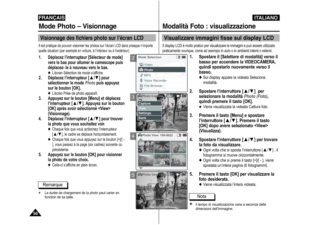 Samsung VP-M110B/XEF Mode Photo Visionnage Modalità Foto visualizzazione, Visionnage des fichiers photo sur l’écran LCD 