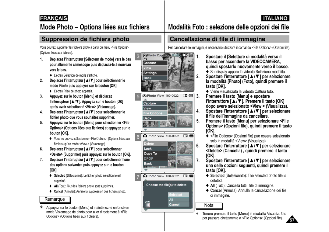 Samsung VP-X110L/XEF, VP-M110S/XET, VP-M110S/XEF Suppression de fichiers photo, Cancellazione di file di immagine, Tasto OK 