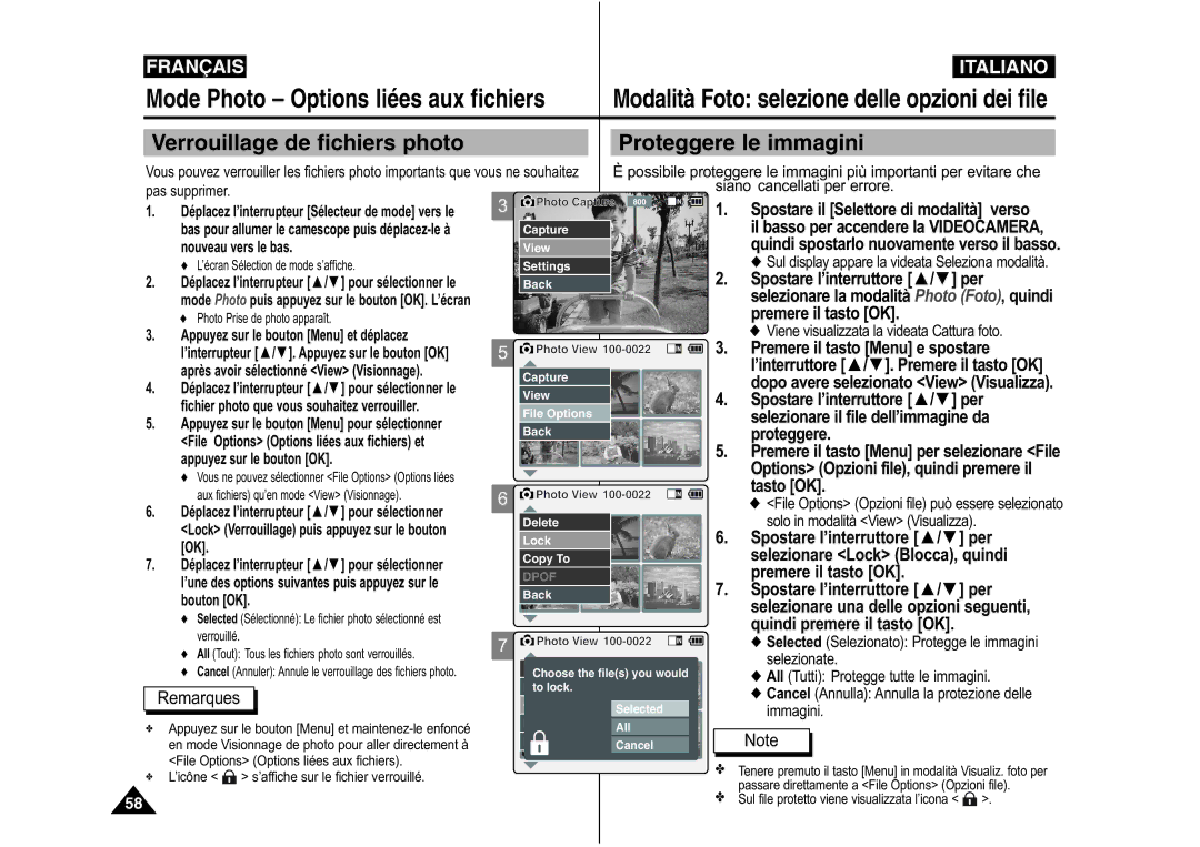 Samsung VP-M110R/XEF, VP-M110S/XET, VP-M110S/XEF, VP-M110B/XEF manual Verrouillage de fichiers photo Proteggere le immagini 