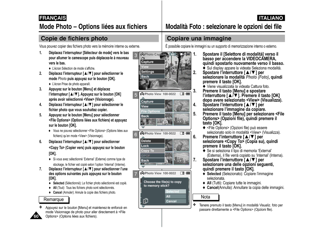 Samsung VP-M110S/XEF, VP-M110S/XET manual Copie de fichiers photo, Copiare una immagine, Selezionare l’immagine da copiare 