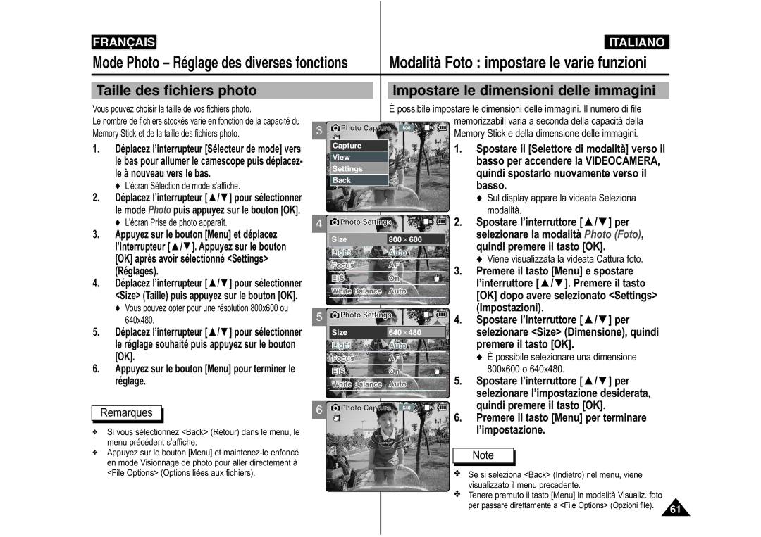 Samsung VP-M110B/XEF manual Impostare le dimensioni delle immagini, ’interruttore / . Premere il tasto, Impostazioni 