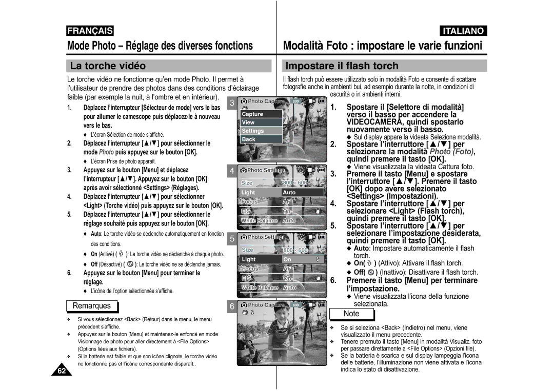 Samsung VP-X110L/XEF, VP-M110S/XET La torche vidéo Impostare il flash torch, Mode Photo Réglage des diverses fonctions 