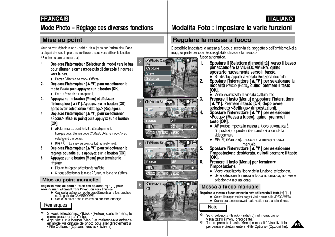 Samsung VP-M110R/XEF, VP-M110S/XET, VP-M110S/XEF, VP-M110B/XEF, VP-X110L/XEF manual Mise au point, Fuoco automatica 