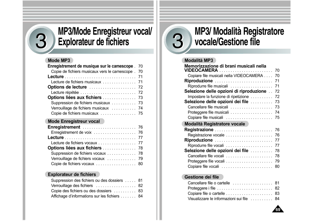 Samsung VP-M110S/XET, VP-M110S/XEF, VP-M110B/XEF, VP-X110L/XEF manual Explorateur de fichiers, MP3/Mode Enregistreur vocal 