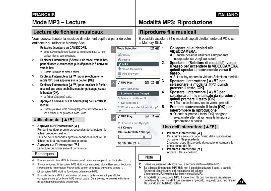 Samsung VP-M110B/XEF Mode MP3 Lecture Modalità MP3 Riproduzione, Lecture de fichiers musicaux Riprodurre file musicali 