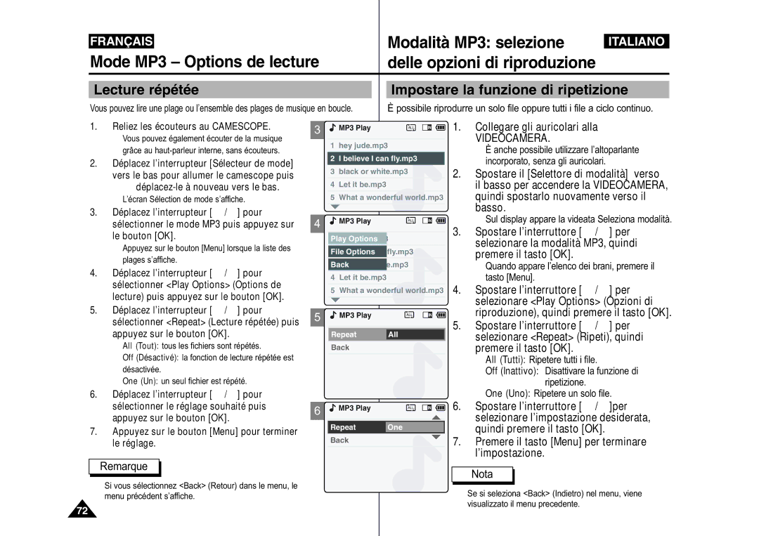 Samsung VP-X110L/XEF, VP-M110S/XET manual Modalità MP3 selezione, Mode MP3 Options de lecture, Delle opzioni di riproduzione 