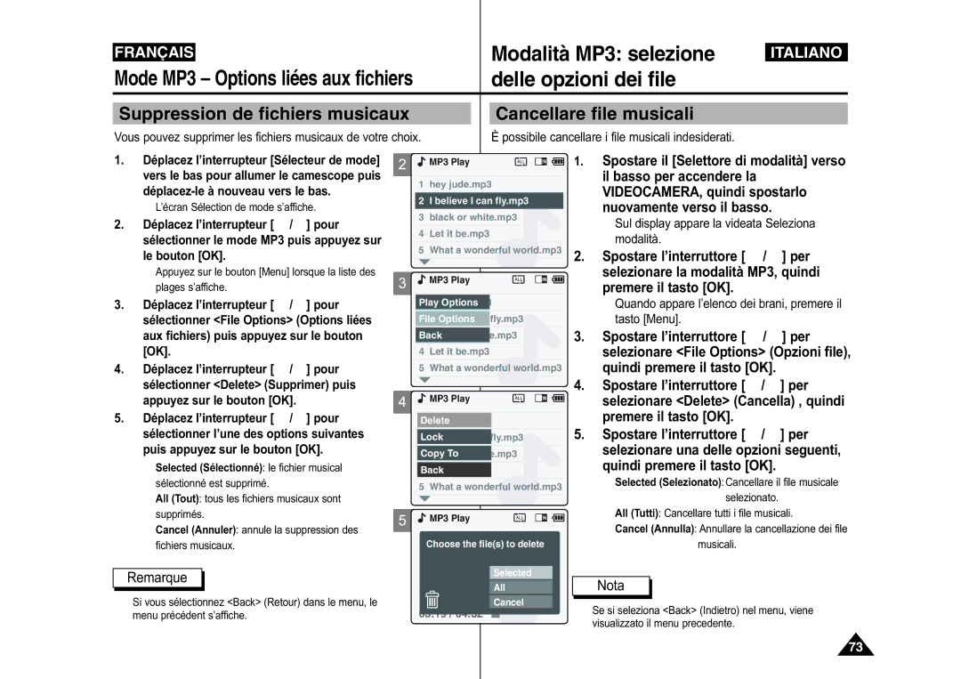 Samsung VP-M110R/XEF, VP-M110S/XET manual Delle opzioni dei file, Suppression de fichiers musicaux Cancellare file musicali 