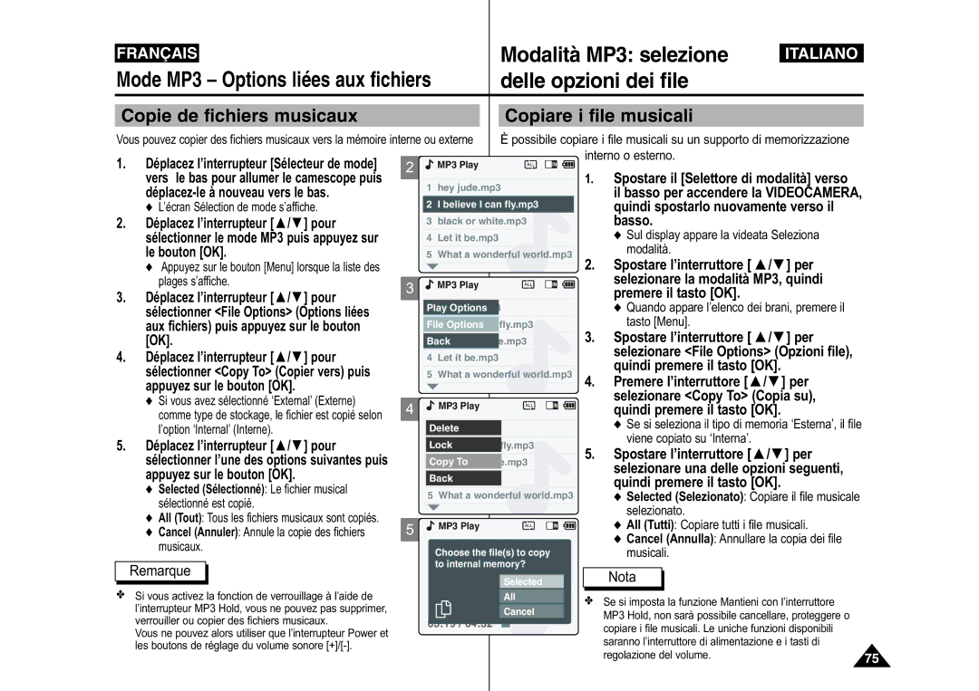 Samsung VP-M110S/XEF, VP-M110S/XET manual Delle opzioni dei file, Selected Selezionato Copiare il file musicale selezionato 