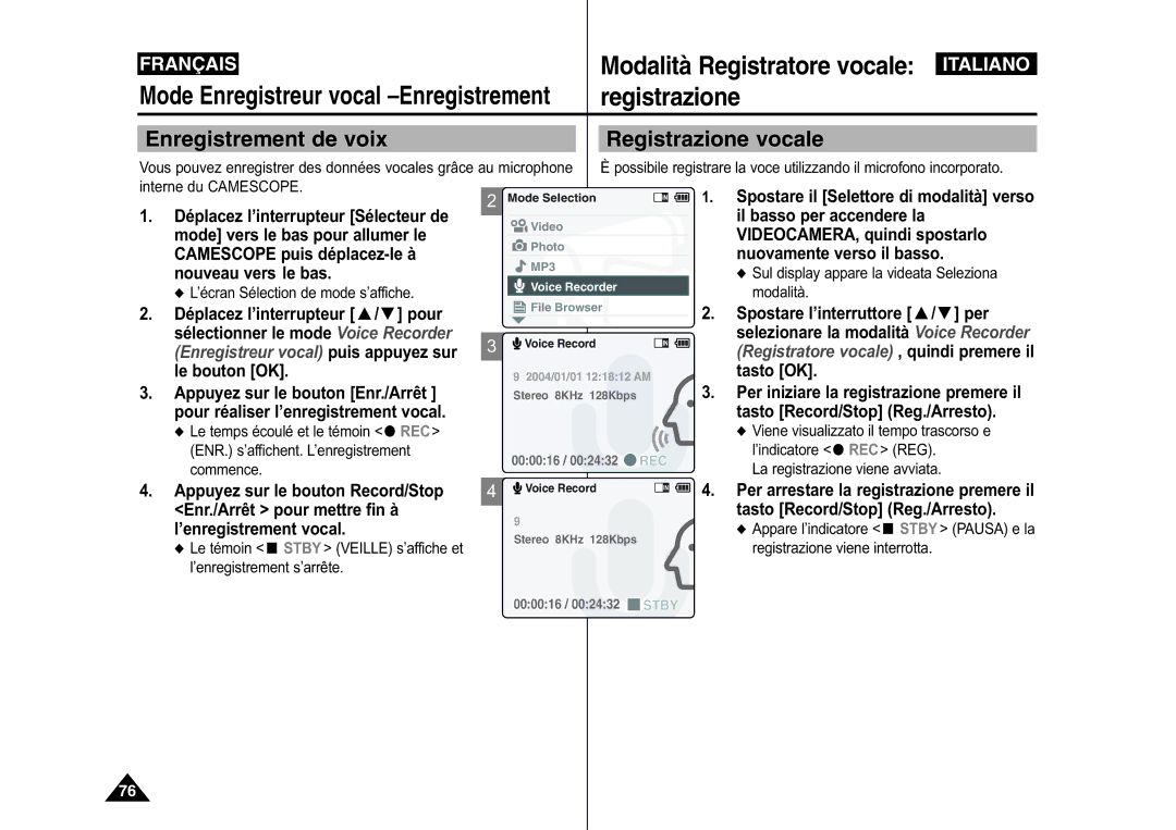 Samsung VP-M110B/XEF, VP-M110S/XET manual Modalità Registratore vocale, Enregistrement de voix Registrazione vocale 