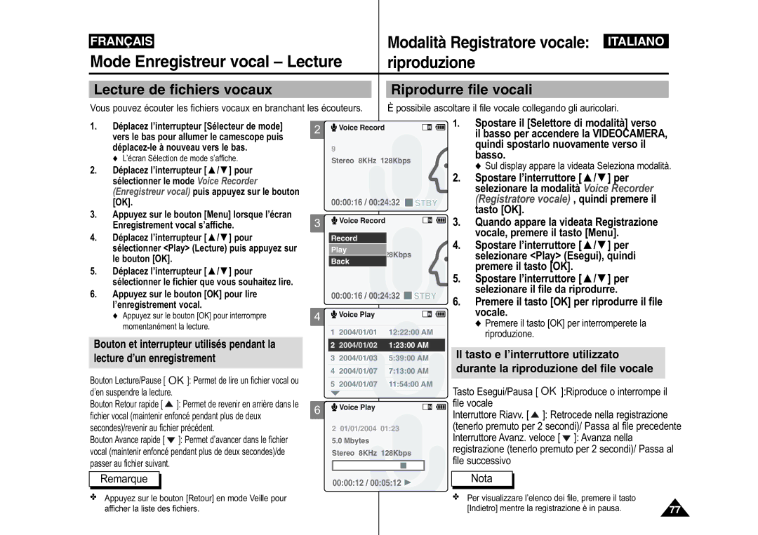 Samsung VP-X110L/XEF Mode Enregistreur vocal Lecture, Riproduzione, Lecture de fichiers vocaux Riprodurre file vocali 