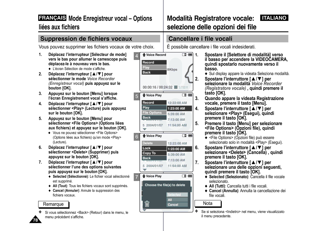 Samsung VP-M110R/XEF manual Selezione delle opzioni dei file, Suppression de fichiers vocaux Cancellare i file vocali 