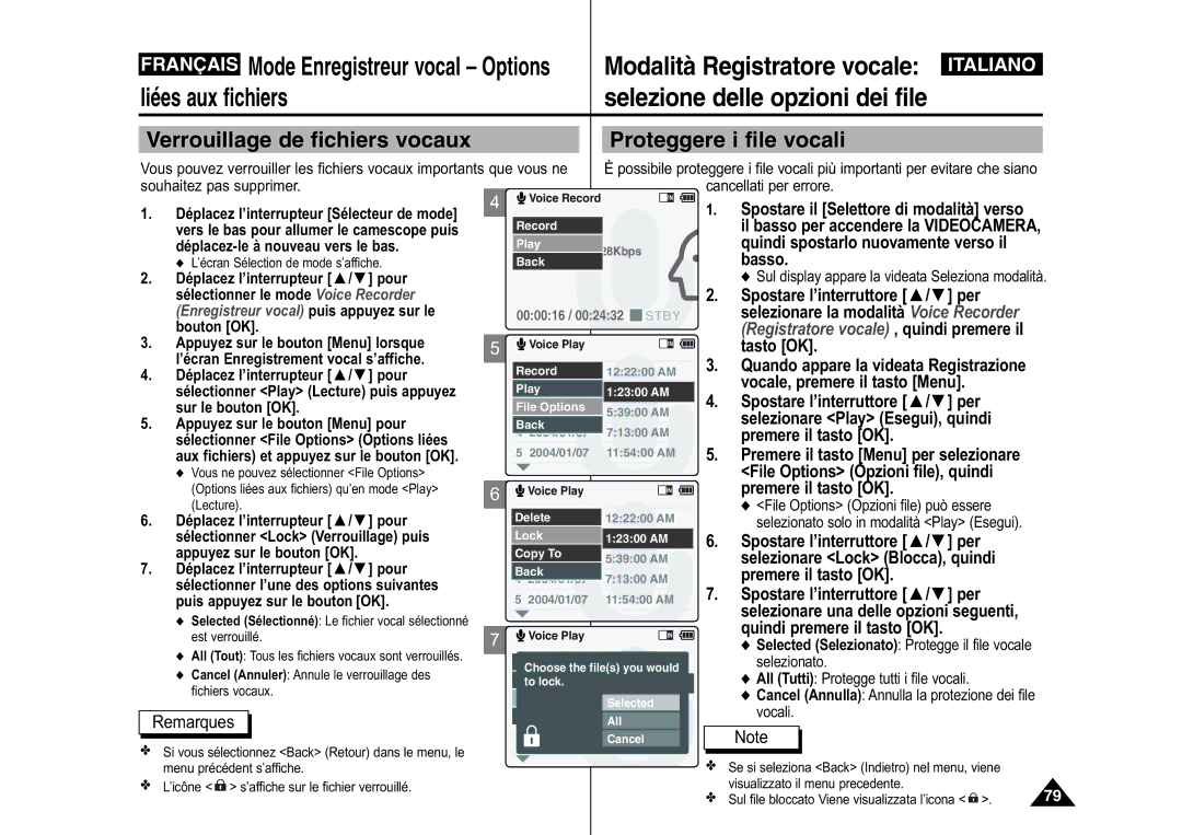 Samsung VP-M110S/XET Verrouillage de fichiers vocaux Proteggere i file vocali, Selezionare la modalità Voice Recorder 