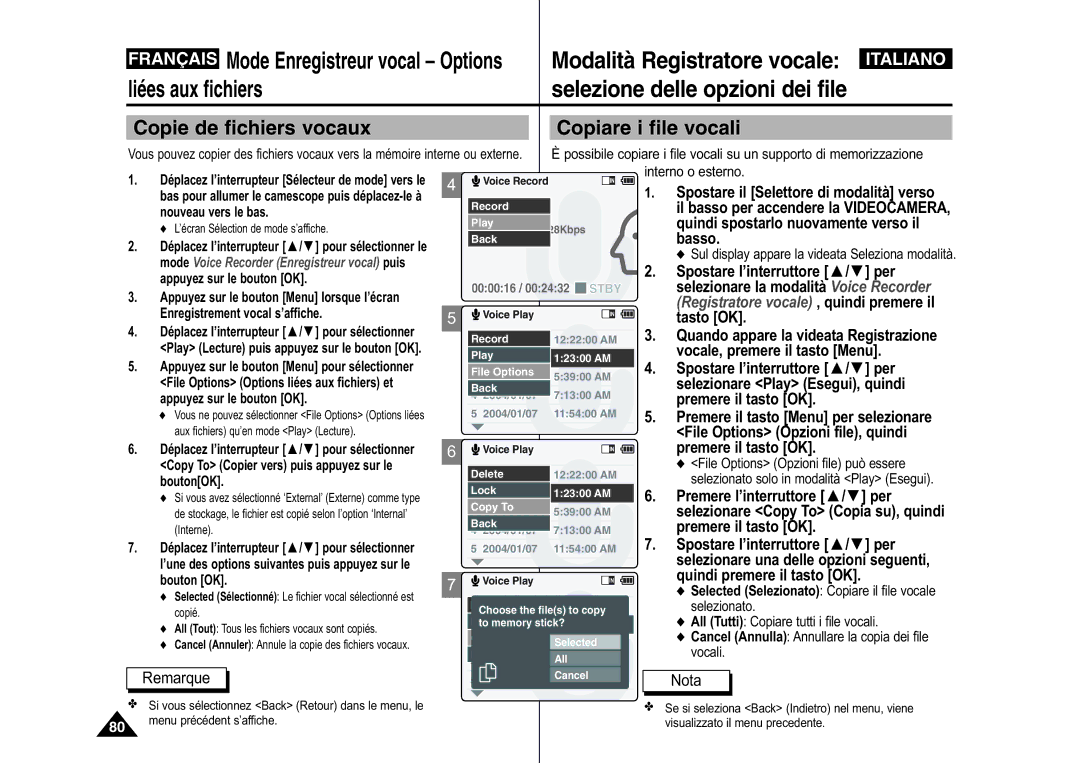 Samsung VP-M110S/XEF manual Copie de fichiers vocaux Copiare i file vocali, Mode Voice Recorder Enregistreur vocal puis 