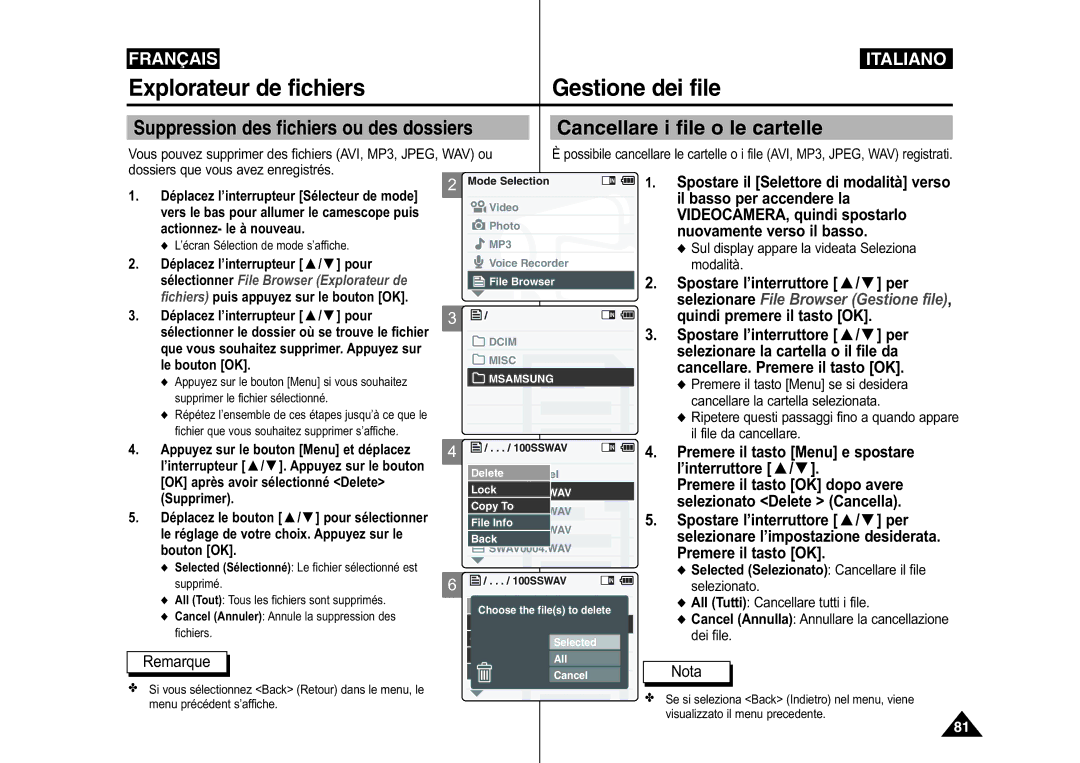 Samsung VP-M110B/XEF, VP-M110S/XET, VP-M110S/XEF Explorateur de fichiers Gestione dei file, Cancellare i file o le cartelle 