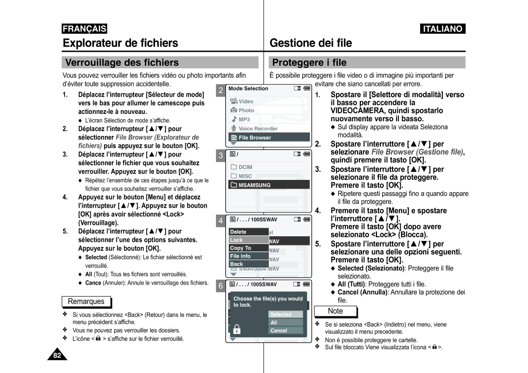 Samsung VP-X110L/XEF, VP-M110S/XET, VP-M110S/XEF, VP-M110B/XEF, VP-M110R/XEF manual Verrouillage des fichiers Proteggere i file 