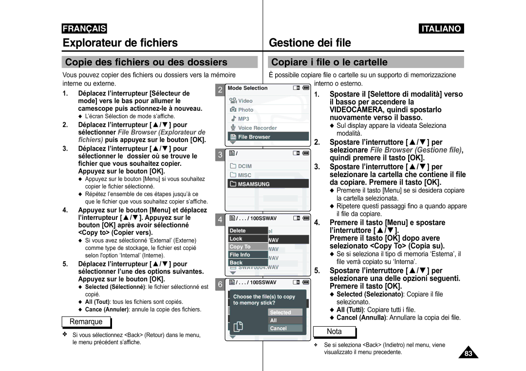 Samsung VP-M110R/XEF, VP-M110S/XET manual Selezionare la cartella che contiene il file, Da copiare. Premere il tasto OK 