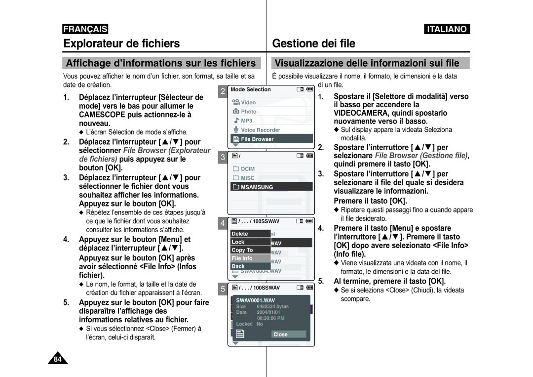 Samsung VP-M110S/XET, VP-M110S/XEF, VP-M110B/XEF, VP-X110L/XEF, VP-M110R/XEF manual Affichage d’informations sur les fichiers 