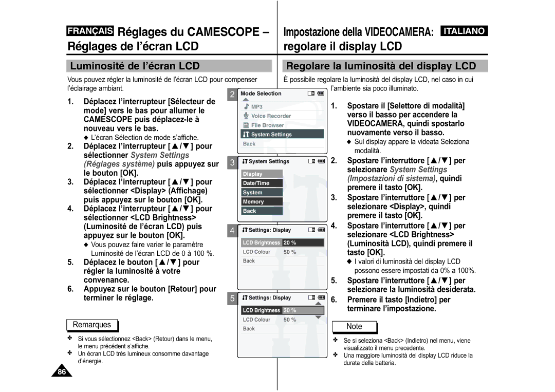 Samsung VP-M110B/XEF, VP-M110S/XET, VP-M110S/XEF Réglages du Camescope, Réglages de l’écran LCD, Regolare il display LCD 