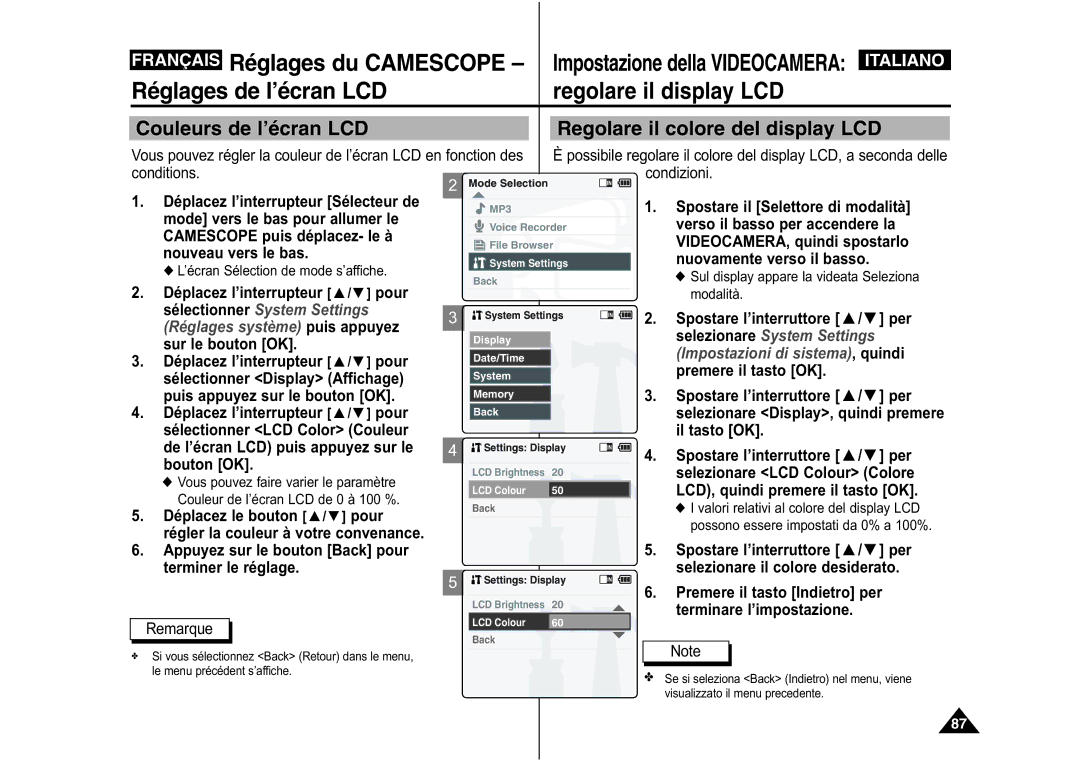 Samsung VP-X110L/XEF, VP-M110S/XET, VP-M110S/XEF, VP-M110B/XEF Couleurs de l’écran LCD Regolare il colore del display LCD 