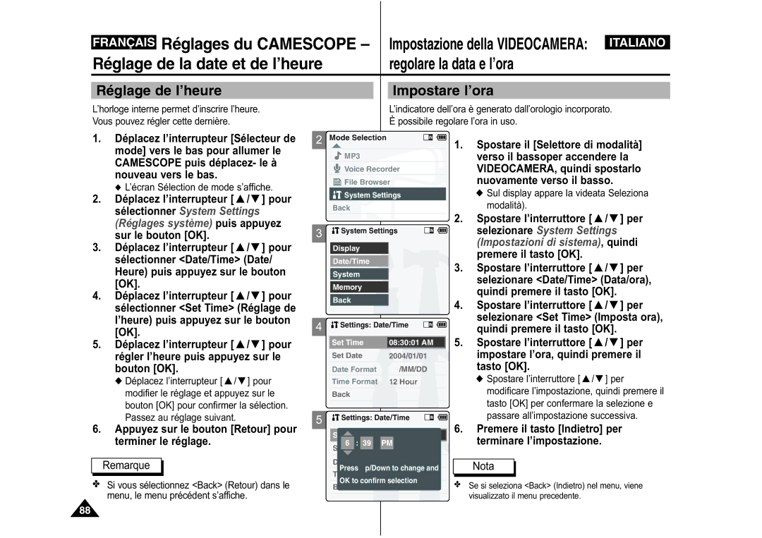 Samsung VP-M110R/XEF manual Réglage de la date et de l’heure, Réglage de l’heure Impostare l’ora, Regolare la data e l’ora 