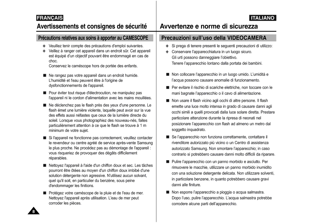 Samsung VP-M110R/XEF, VP-M110S/XET, VP-M110S/XEF Avvertenze e norme di sicurezza, Avertissements et consignes de sécurité 