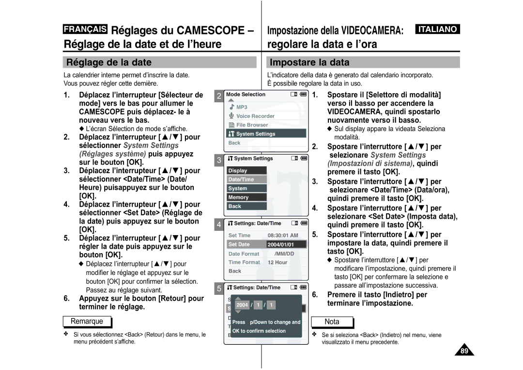 Samsung VP-M110S/XET, VP-M110S/XEF, VP-M110B/XEF manual Regolare la data e l’ora, Réglage de la date, Impostare la data 