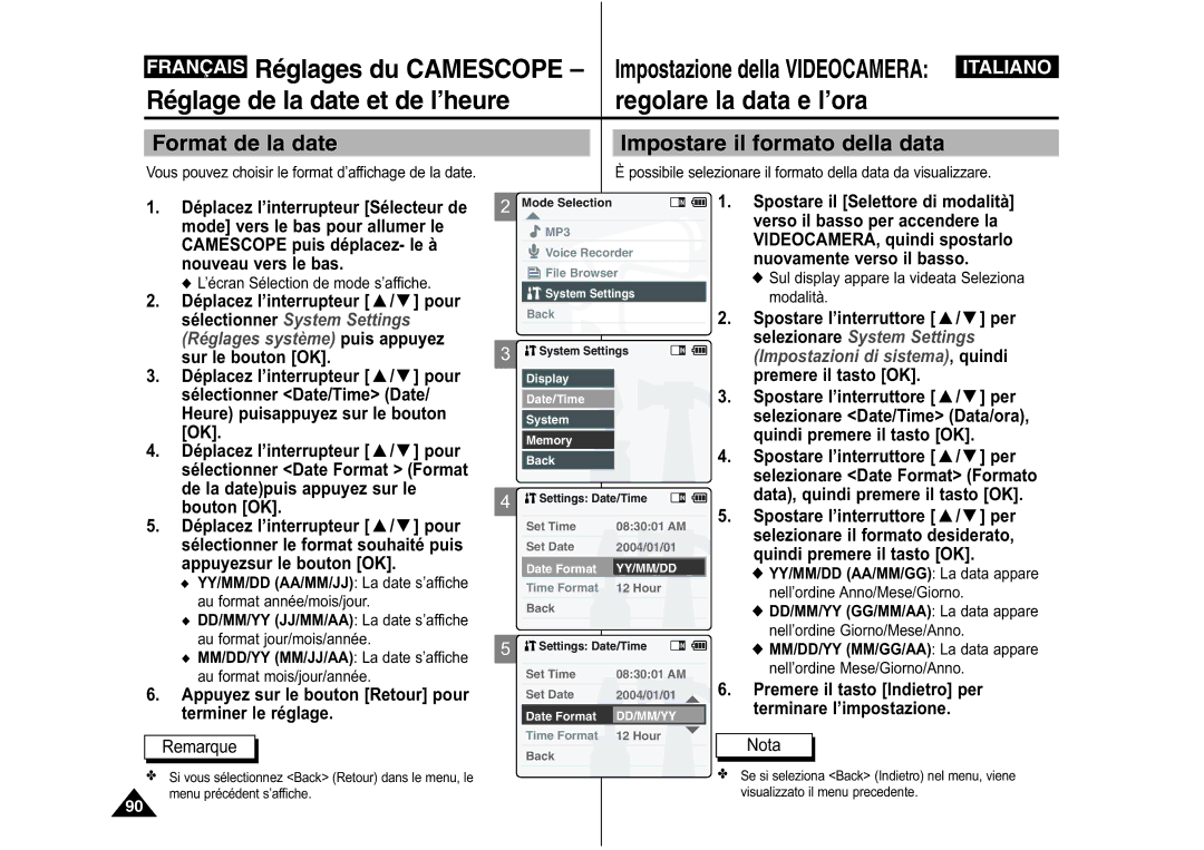 Samsung VP-M110S/XEF Sélectionner Date Format Format, De la datepuis appuyez sur le, Sélectionner le format souhaité puis 