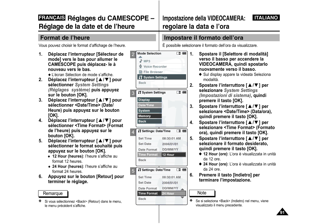 Samsung VP-M110B/XEF, VP-M110S/XET manual Format de l’heure, Impostare il formato dell’ora, Sélectionner Time Format Format 